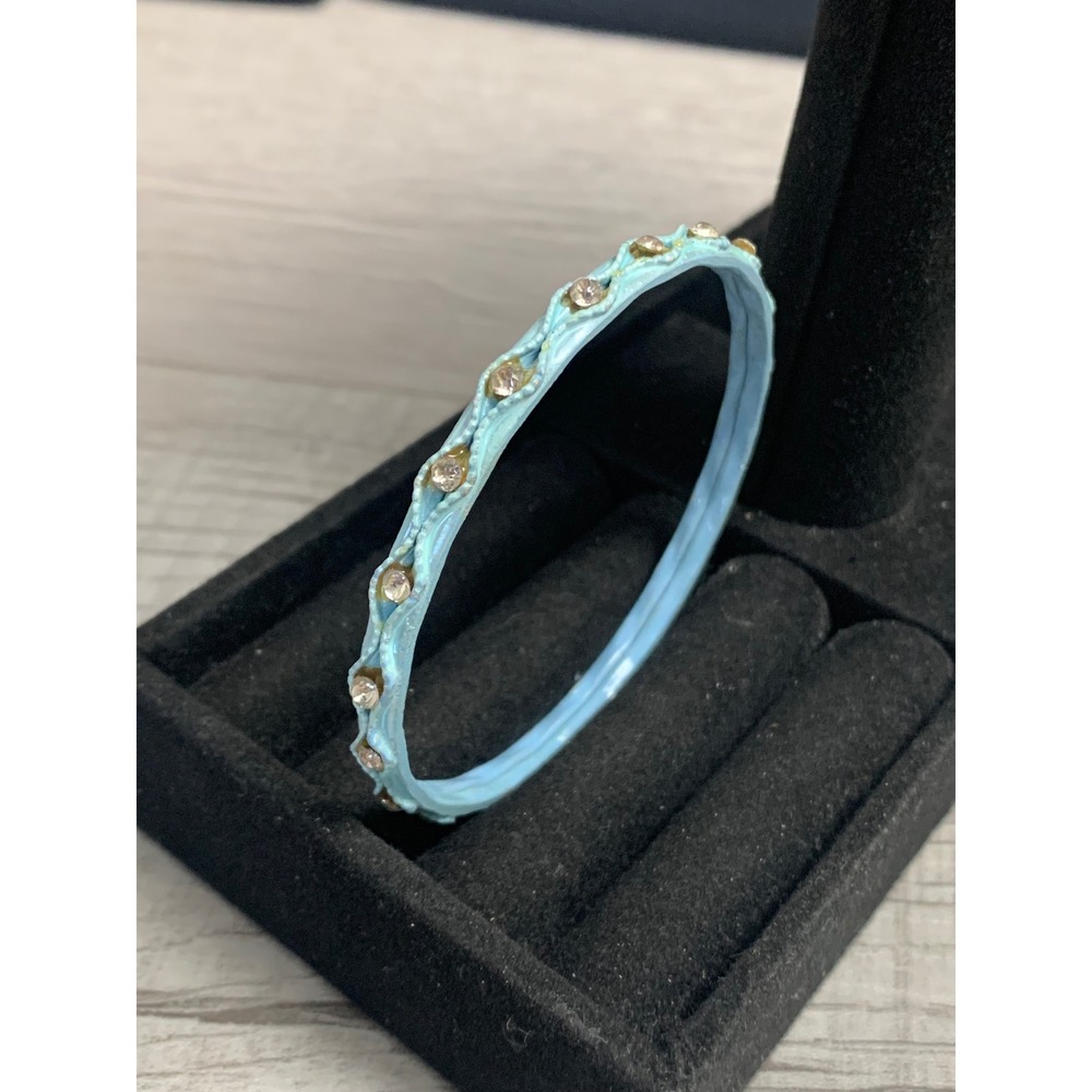 Light Blue Enamel Rhinestone Bangle Bracelet Slim Textured Stacking Band - Picture 2 of 7